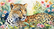 Closeup of leopard lying down in a bush, watercolor painting style, generative AI.