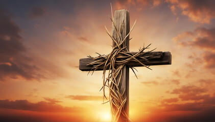 Wall Mural - The cross and crown of thorns symbolizing the sacrifice and suffering of Jesus Christ with magical sunset