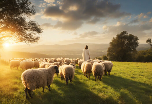 Shepherd Jesus Christ leading the sheeps, philosophical picture of ''Jesus Christ bringing the light to the blind sheeps''
