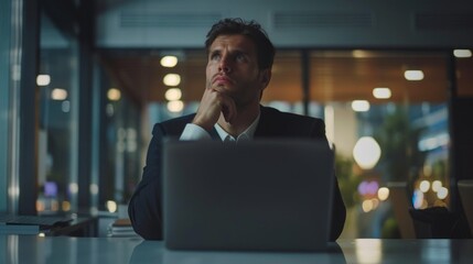 Poster - A man in a suit is sitting at a desk with a laptop in front of him