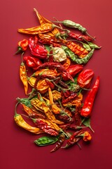 Wall Mural - An assortment of colorful fresh and dried chili peppers on a red background