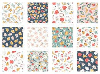 Sticker - Tropical Fruit collection of seamless patterns. Vector cartoon childish background with cute smiling fruit characters in simple hand-drawn style. Pastel colors, polka dots, hearts