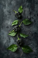 Poster - Three dark wrinkled peppers with leaves on a textured grey background