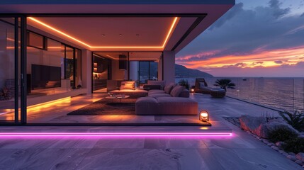 Poster - Illuminate your modern living room at night with LED strips highlighting the sofa, TV, and architectural details, creating a captivating