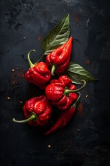 Wall Mural - Bright red chili peppers with green stems and leaves on a dark textured background.