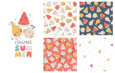 Wall Mural - Tropical Fruit collection of seamless patterns with print composition and comic lettering. Vector cartoon childish background with cute smiling fruit characters in simple hand-drawn style