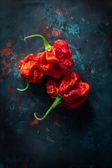 Wall Mural - Vibrant red Carolina Reaper chili peppers on a dark textured background with splashes