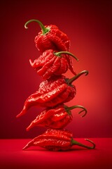 Sticker - A stack of red chili peppers on a matching red background creating a spicy aesthetic.