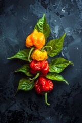 Poster - Vibrant yellow and red bell peppers with leaves on a wet dark surface.