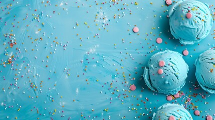 Poster - Blue ice cream scoops with colorful sprinkles on a turquoise background