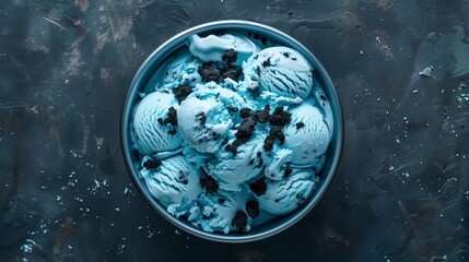 Sticker - A bowl of blue ice cream with cookie pieces on a dark textured surface.