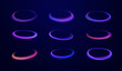 Set of neon blurry light circles at motion. Neon light circle of speed in the form of a round whirlpool. Curve blue line light effect. 
