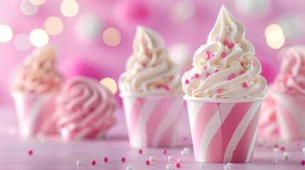 Sticker - Delicious swirls of soft serve ice cream with sprinkles in pink striped cups