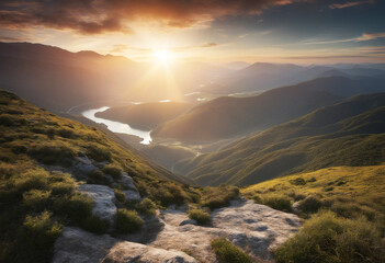 Wall Mural - incredible nature landscape with river, mountains and shining sun