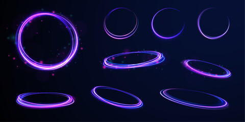 Poster - set of neon blurry light circles at motion. neon light circle of speed in the form of a round whirlp