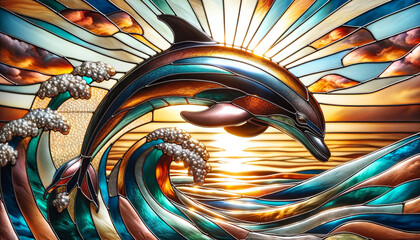 Wall Mural - A colorful stained glass window of a dolphin jumping out of the water