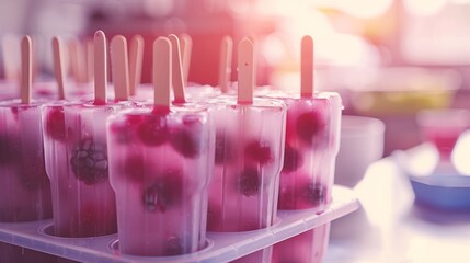 Poster - Homemade berry popsicles in a tray with a warm, blurry kitchen background.