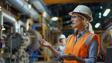 Poster - Modern Industrial Factory Meeting: Confident Female Engineer Uses Interactive Whiteboard, Makes Report to a Group of Engineers, Managers Talks and Shows Statistics. copy space for text.