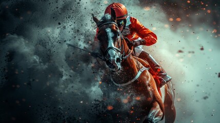 Canvas Print - Capture the exhilaration of a horse racing photo finish on a windy day, with the horses manes flying and the