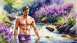 Athlete handsome men shirtless in a stream with flowers blooming, watercolor painting style, generative AI.