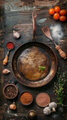 Wall Mural - Top view of rustic cooking scene with a used frying pan, spices, and tomatoes on dark wood.