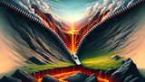 Fototapeta Przestrzenne - A painting of a mountain range with a lava flow and a car driving through it