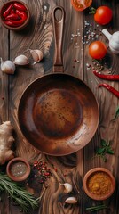 Poster - Top view of a rustic kitchen scene with spices and a frying pan on a wooden table.