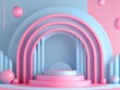 A 3d pink background with a podium for product presentation, minimalistic style, no objects on the stage, blue color scheme, arch and ball elements, geometric shapes