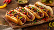 gourmet hot dogs served on a rustic wooden platter their juicy sausages nestled in artisanal buns and dressed with an assortment of premium toppings
