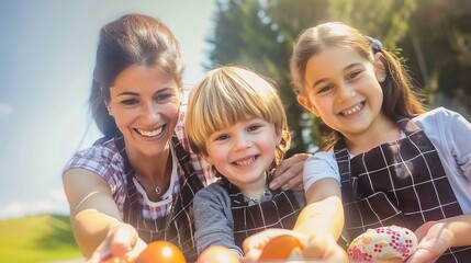 Wall Mural - Family having fun together for Easter. Family, parents and children unity concept