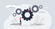 Workflow automation tools for work task optimization tiny person concept. Efficiency and productivity improvement with automatic process systems vector illustration. Effective work management.