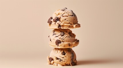 Poster - A mouth-watering stack of three chocolate chip ice cream scoops against a beige backdrop.