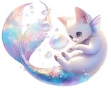 Fototapeta  - A cute cartoon cat with a fish tail instead of legs, playing with bubbles.