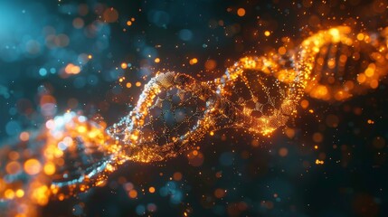 A glowing double helix of orange particles on a dark blue background.