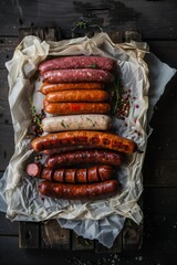 Wall Mural - Assorted gourmet sausages displayed on parchment and wooden planks with herbs