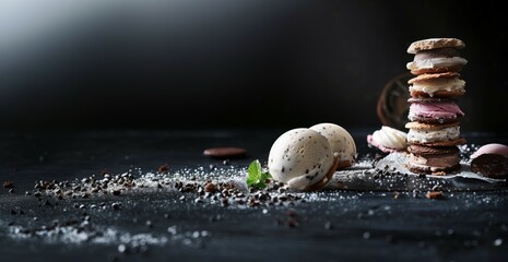 Canvas Print - Artistic display of various ice cream sandwiches in a dark moody setting