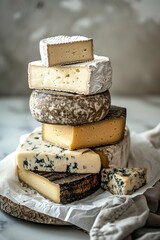 Wall Mural - A variety of gourmet cheeses stacked on top of each other on a table.