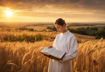A Christian praying with a holy bible on Thanksgiving in Nature