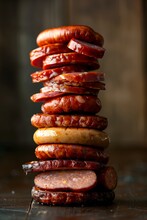 A Towering Stack Of Various Grilled Sausages On A Wooden Table.
