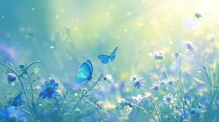 Wall Mural - Beautiful summer nature scene with magic blue flowers and flying butterflies on green background. Wild meadow macro landscape.  ,Generative ai, 