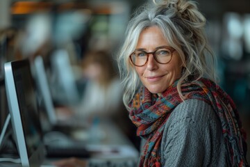 Poster - Over-the-shoulder shot of a woman concentrating on her work at a computer in a busy office setting
