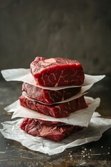 Canvas Print - A stack of fresh raw beef steaks separated by parchment paper on a dark surface.