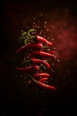 Sticker - A bunch of vibrant red chili peppers with smoke and sprinkled spices against a dark background.