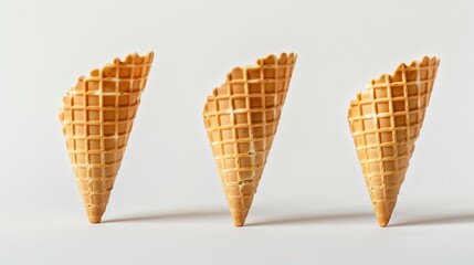 Sticker - Three empty waffle cones for ice cream on a plain white background