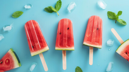 Poster - Watermelon slice popsicles on sticks with ice and mint leaves on a blue background.