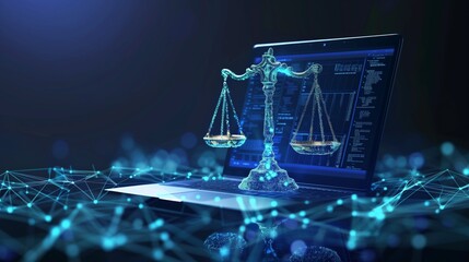 holographic justice scales on digital laptop screen symbolizing law in technology era