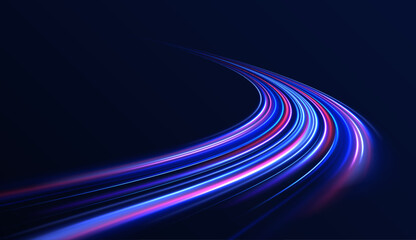 Poster - Neon stripes in the form of drill, turns and swirl. Illustration of high speed concept. Expressway, car headlight effect. 