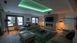 Design a cozy modern fireplace lounge in your basement, with a sleek fireplace, comfortable seating, and plush rugs for