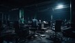 An abandoned office with scattered chairs and desks, under dim light, symbolizing the sudden and quiet cessation of daily operations following a business closure