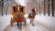 Paint a nostalgic Christmas background with a vintage sleigh and horse-drawn carriage gliding through a snowy forest.
